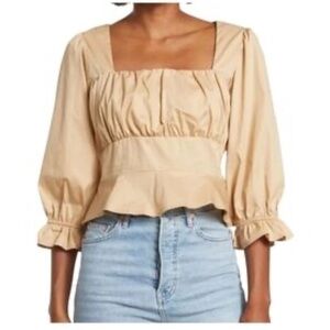 The Good Jane Peplum Beige Puff Sleeve Cropped Blouse Size M Minimalist